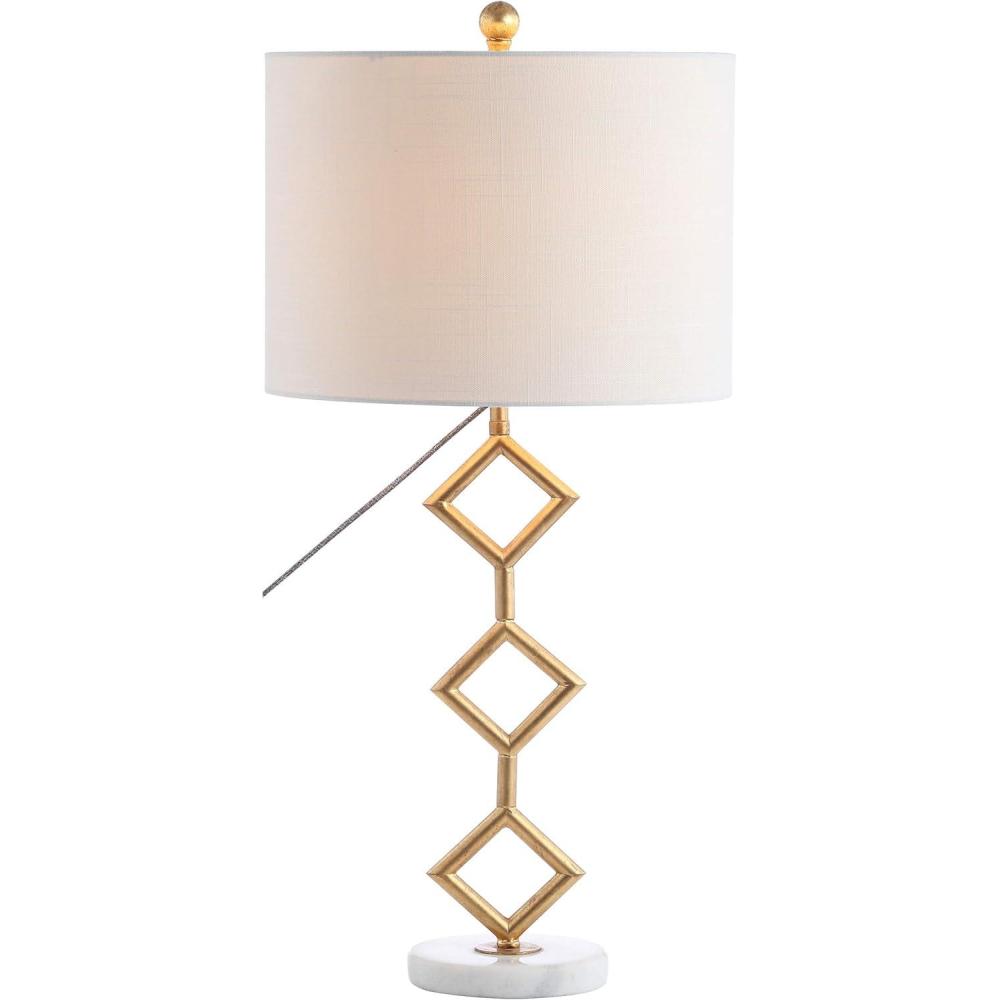 image:imageJONATHAN Y 295 Gold Modern Geometric Table Lamp with Marble Base Glam Diamante Metal Diamond Silhouette Lamp for Bedroom Living Room White Linen Shade LED Bulb Included JYL1080A