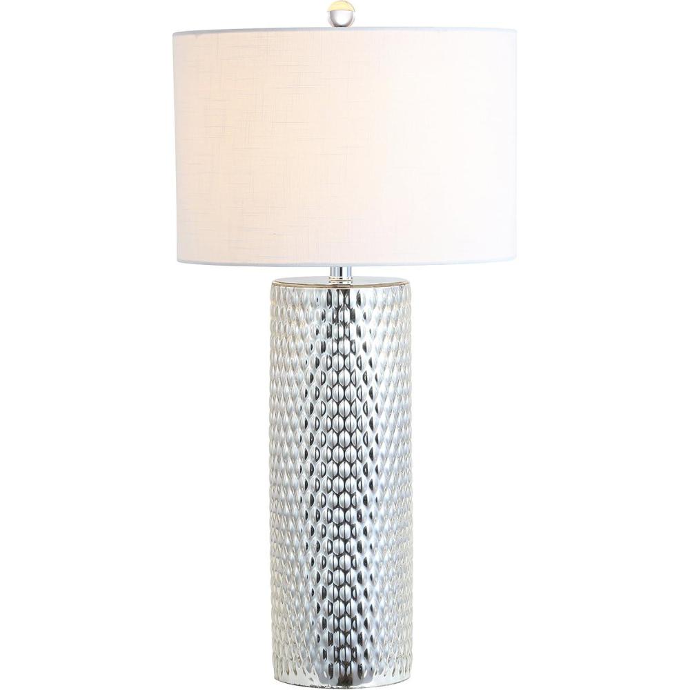 image:imageJONATHAN Y 30 Silver Isabella Studded Glass Table Lamp Contemporary Glam Silver Leaf Base with White Linen Drum Shade for Bedroom Living Room LED Bulb Included JYL1013A