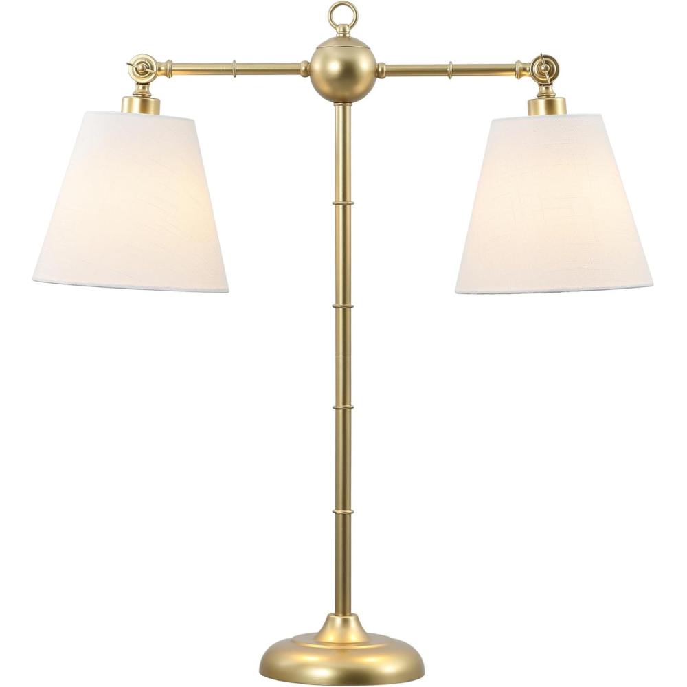 image:imageJONATHAN Y 31 Gold 2Light Contemporary Farmhouse Adjustable Iron Library LED Table Lamp White Linen Shades for Living Room Office Sideboard LED Bulbs Included JYL3074A