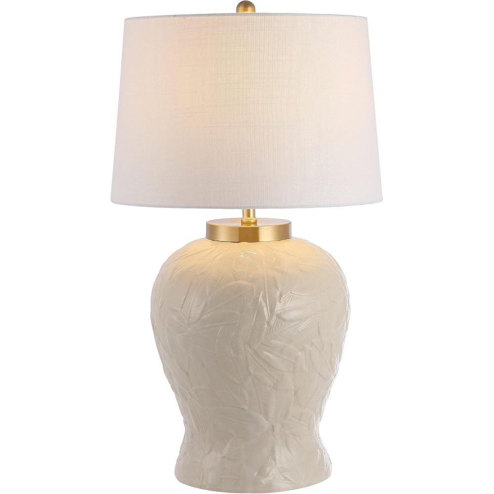 image:imageJONATHAN Y 315 Cream Ceramic Palm Leaf Table Lamp Bohemian Cottage Tropical Pattern Lamp for Bedroom Living Room White Linen Empire Shade LED Bulb Included JYL6617A