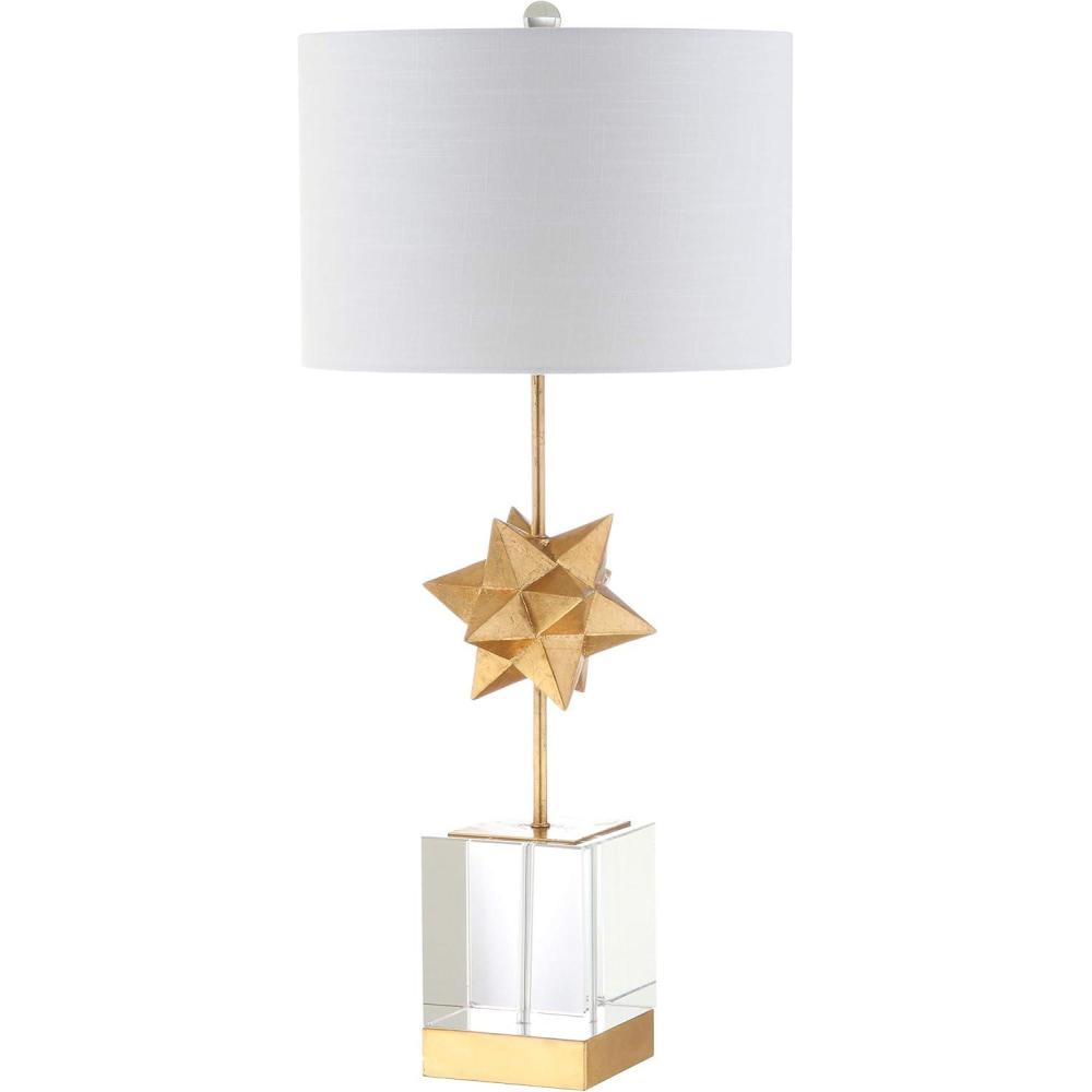 image:imageJONATHAN Y 32 Clear and Gold Leaf Crystal Table Lamp Hollywood Regency Starburst Metal Bedside Lamp with White Linen Drum Shade for Living Room LED Bulb Included JYL5006A