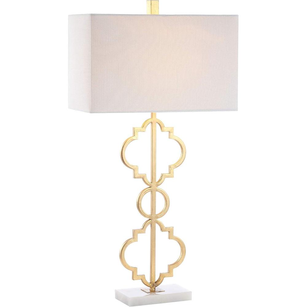 image:imageJONATHAN Y 32 Gold Selina Ogee Trellis LED Table Lamp Glam Modern Iron Geometric Lamp for Living Room Bedroom White Linen Rectangle Shade LED Bulb Included JYL3072A