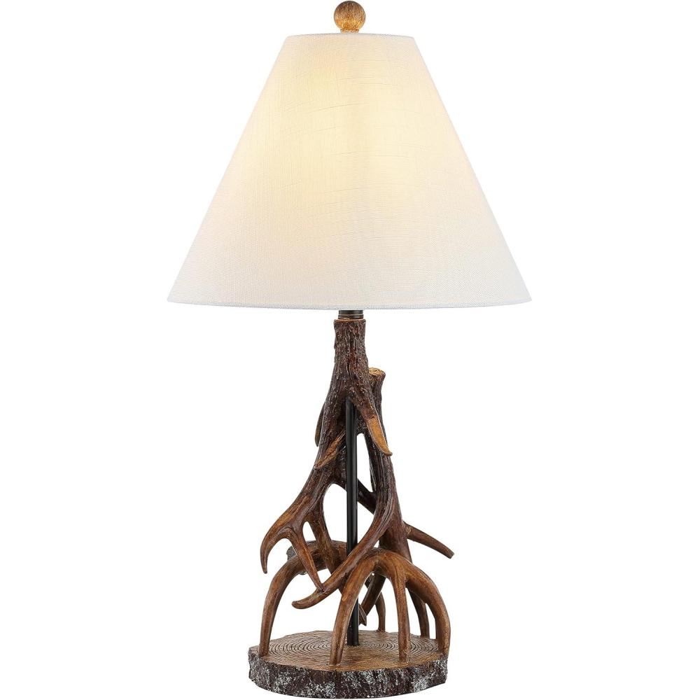 image:imageJONATHAN Y JYL8501A 26 Rustic Faux Antler Table Lamp Brown Resin Bedside Lamp for Living Room Bedroom Nightstand Farmhouse End Table Desk Lamp with White Linen Empire Shade LED Bulb Included