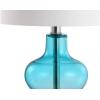 JONATHAN Y 20.5″ Aqua Blue Glass Table Lamp, Modern Transitional Bedside Lamp for Living Room Bedroom, White Linen Drum Shade, Chrome Accents, LED Bulb Included JYL4036A