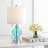 JONATHAN Y 20.5″ Aqua Blue Glass Table Lamp, Modern Transitional Bedside Lamp for Living Room Bedroom, White Linen Drum Shade, Chrome Accents, LED Bulb Included JYL4036A