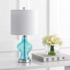 JONATHAN Y 20.5″ Aqua Blue Glass Table Lamp, Modern Transitional Bedside Lamp for Living Room Bedroom, White Linen Drum Shade, Chrome Accents, LED Bulb Included JYL4036A