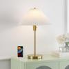 JONATHAN Y 21.25″ Brass Gold Modern Glam Metal Column LED Table Lamp with USB Charging Port, Scandinavian Minimalist Bedside Lamp, White Pleated Shade, LED Bulb Included JYL1149A