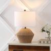 JONATHAN Y 21.75″ Brown Rope Coastal Rustic Table Lamp, Farmhouse Iron Lamp with White Linen Drum Shade for Living Room Bedroom Nightstand, LED Bulb Included JYL4049A