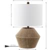 JONATHAN Y 21.75″ Brown Rope Coastal Rustic Table Lamp, Farmhouse Iron Lamp with White Linen Drum Shade for Living Room Bedroom Nightstand, LED Bulb Included JYL4049A