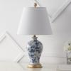 JONATHAN Y 24″ Green/White French Country Ceramic Floral Urn Table Lamp, White Linen Shade, Chinoiserie Ginger Jar Bedside Lamp for Living Room Bedroom, LED Bulb (JYL3009F)(Blue/White)