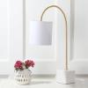 JONATHAN Y 25″ Marble and Brass Gold Modern Arched Table Lamp, Contemporary Iron Desk Lamp with White Linen Drum Shade for Bedroom Living Room, LED Bulb Included JYL5023A