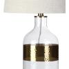 JONATHAN Y 25.5″ Clear Glass and Brass Gold Table Lamp, Modern Farmhouse Banded Bottle Lamp for Living Room Bedroom, Gray Linen Drum Shade, LED Bulb Included, UL Listed JYL4001A