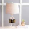 JONATHAN Y 25.5″ Clear Glass and Brass Gold Table Lamp, Modern Farmhouse Banded Bottle Lamp for Living Room Bedroom, Gray Linen Drum Shade, LED Bulb Included, UL Listed JYL4001A
