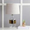 JONATHAN Y 25.5″ Clear Glass and Brass Gold Table Lamp, Modern Farmhouse Banded Bottle Lamp for Living Room Bedroom, Gray Linen Drum Shade, LED Bulb Included, UL Listed JYL4001A