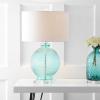 JONATHAN Y 26″ Aqua Diamond-Etched Glass and Crystal Table Lamp, Coastal Transitional Bedside Lamp with White Linen Drum Shade for Living Room, LED Bulb Included JYL2003A