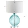 JONATHAN Y 26″ Aqua Diamond-Etched Glass and Crystal Table Lamp, Coastal Transitional Bedside Lamp with White Linen Drum Shade for Living Room, LED Bulb Included JYL2003A