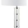 JONATHAN Y 26″ Clear Crystal and Chrome LED Table Lamp, Modern Glam Pillar Bedside Lamp with White Linen Drum Shade for Living Room Bedroom, LED Bulb Included JYL2053A