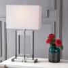 JONATHAN Y 26″ Clear and Black Crystal Table Lamp, Modern Geometric Glam Glass Lamp with White Linen Drum Shade for Living Room Bedroom Nightstand, LED Bulb Included JYL2015A