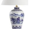JONATHAN Y 26.5″ Blue and White Ceramic Ginger Jar Table Lamp, Traditional Chinoiseries Landscape for Bedroom Living Room, White Linen Empire Shade, LED Bulb Included JYL6610A