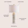JONATHAN Y 26.5″ Brass Gold Quatrefoil Striped Resin LED Table Lamp, Contemporary Glam Bedside Lamp for Living Room Bedroom, White Linen Drum Shade, LED Bulb Included JYL1010A