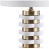 JONATHAN Y 26.5″ Brass Gold Quatrefoil Striped Resin LED Table Lamp, Contemporary Glam Bedside Lamp for Living Room Bedroom, White Linen Drum Shade, LED Bulb Included JYL1010A