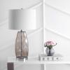 JONATHAN Y 26.5″ Smoked Gray Glass Table Lamp, Modern Faceted Bedside Lamp, White Linen Drum Shade, Chrome Base, LED Bulb Included for Bedroom, Living Room, Nightstand JYL4009A(Smoked Gray)