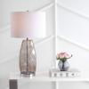 JONATHAN Y 26.5″ Smoked Gray Glass Table Lamp, Modern Faceted Bedside Lamp, White Linen Drum Shade, Chrome Base, LED Bulb Included for Bedroom, Living Room, Nightstand JYL4009A(Smoked Gray)