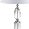 JONATHAN Y 27″ Clear Crystal LED Table Lamp, Traditional French Country Chrome Nightstand Lamp with White Linen Drum Shade for Living Room, LED Bulb Included JYL2039A