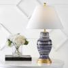 JONATHAN Y 27″ Navy/White Ceramic Modern Coastal Table Lamp, Traditional Ginger Jar Design with Gold Leaf Accents and White Linen Empire Shade, LED Bulb Included JYL6611A