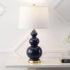 JONATHAN Y 27.5″ White/Brass Gold Modern Ceramic Gourd Table Lamp for Living Room, Large Bedside Nightstand Lamp for Bedroom, White Linen Drum Shade, LED Bulb Included (JYL4023D)(Navy)