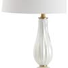 JONATHAN Y 28″ Navy Modern Glass Table Lamp for Bedroom Living Room Decor, White Faux Silk Shade, Fluted Gourd Glam Design, Brass Accents, LED Bulb Included (JYL2072B)(White Pearl)