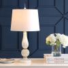 JONATHAN Y 28″ Navy Modern Glass Table Lamp for Bedroom Living Room Decor, White Faux Silk Shade, Fluted Gourd Glam Design, Brass Accents, LED Bulb Included (JYL2072B)(White Pearl)