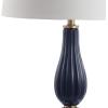 JONATHAN Y 28″ Navy Modern Glass Table Lamp for Bedroom Living Room Decor, White Faux Silk Shade, Fluted Gourd Glam Design, Brass Accents, LED Bulb Included (JYL2072B)(Navy)