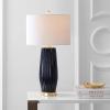 JONATHAN Y 28.5″ Navy Blue Modern Ceramic Table Lamp for Living Room Bedroom, Fluted Bedside Nightstand Lamp with White Linen Shade, Gold Base, LED Bulb Included JYL5045A(Navy)