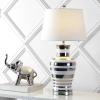 JONATHAN Y 28.75″ Silver/White Striped Ceramic Modern LED Table Lamp, Glam Hollywood Regency Bedside Lamp for Living Room Bedroom, White Linen Shade, LED Bulb Included JYL6603A