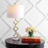 JONATHAN Y 29.5″ Gold Modern Geometric Table Lamp with Marble Base, Glam Diamante Metal Diamond Silhouette Lamp for Bedroom Living Room, White Linen Shade, LED Bulb Included JYL1080A
