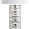 JONATHAN Y 30″ Silver Isabella Studded Glass Table Lamp, Contemporary Glam Silver Leaf Base with White Linen Drum Shade for Bedroom Living Room, LED Bulb Included JYL1013A