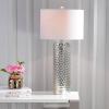JONATHAN Y 30″ Silver Isabella Studded Glass Table Lamp, Contemporary Glam Silver Leaf Base with White Linen Drum Shade for Bedroom Living Room, LED Bulb Included JYL1013A