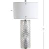 JONATHAN Y 30″ Silver Isabella Studded Glass Table Lamp, Contemporary Glam Silver Leaf Base with White Linen Drum Shade for Bedroom Living Room, LED Bulb Included JYL1013A