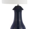 JONATHAN Y 31″ Navy Blue Ceramic and Crystal Table Lamp, Contemporary Slender Vase Bedside Lamp for Living Room, White Linen Drum Shade, UL Listed, LED Bulb Included JYL8017A