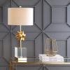 JONATHAN Y 32″ Clear and Gold Leaf Crystal Table Lamp, Hollywood Regency Starburst Metal Bedside Lamp with White Linen Drum Shade for Living Room, LED Bulb Included JYL5006A