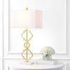 JONATHAN Y 32″ Gold Selina Ogee Trellis LED Table Lamp, Glam Modern Iron Geometric Lamp for Living Room Bedroom, White Linen Rectangle Shade, LED Bulb Included JYL3072A