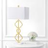 JONATHAN Y 32″ Gold Selina Ogee Trellis LED Table Lamp, Glam Modern Iron Geometric Lamp for Living Room Bedroom, White Linen Rectangle Shade, LED Bulb Included JYL3072A