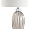 JONATHAN Y 33.5″ Smoked Grey Glass/Crystal Table Lamp, Traditional Fluted Glass Column with White Faux Silk Drum Shade, Chrome Base for Living Room, LED Bulb Included JYL2066A