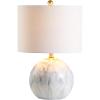 JONATHAN Y 21.5″ White/Brass Gold Faux Marble Resin Table Lamp, Glam Geometric Sphere Base for Living Room Bedroom, White Linen Drum Shade, UL Listed, LED Bulb Included JYL1064A