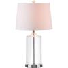 JONATHAN Y 25″ Clear Glass and Chrome LED Table Lamp, Modern Coastal Bedside Lamp with White Linen Drum Shade for Living Room, Farmhouse Decor, LED Bulb Included JYL1018A