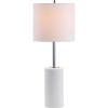JONATHAN Y 25.5″ White Marble and Chrome Modern LED Table Lamp, Minimalist Iron Bedside Lamp for Living Room Bedroom, White Linen Drum Shade, LED Bulb Included JYL2007A