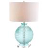 JONATHAN Y 26″ Aqua Diamond-Etched Glass and Crystal Table Lamp, Coastal Transitional Bedside Lamp with White Linen Drum Shade for Living Room, LED Bulb Included JYL2003A