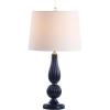 JONATHAN Y 28″ Navy Modern Glass Table Lamp for Bedroom Living Room Decor, White Faux Silk Shade, Fluted Gourd Glam Design, Brass Accents, LED Bulb Included (JYL2072B)(Navy)