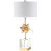 JONATHAN Y 32″ Clear and Gold Leaf Crystal Table Lamp, Hollywood Regency Starburst Metal Bedside Lamp with White Linen Drum Shade for Living Room, LED Bulb Included JYL5006A